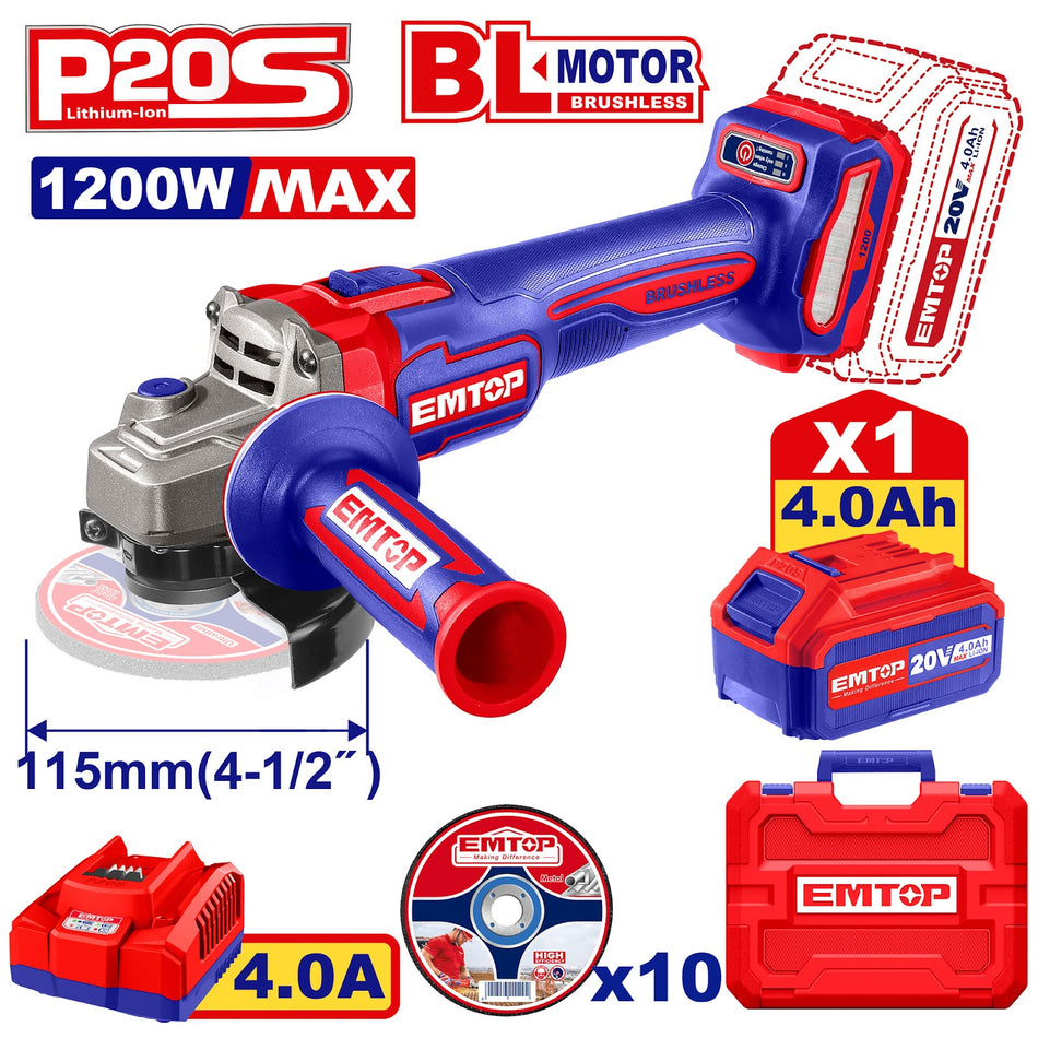 Cordless angle grinder machine emtop elag2211531 115mm