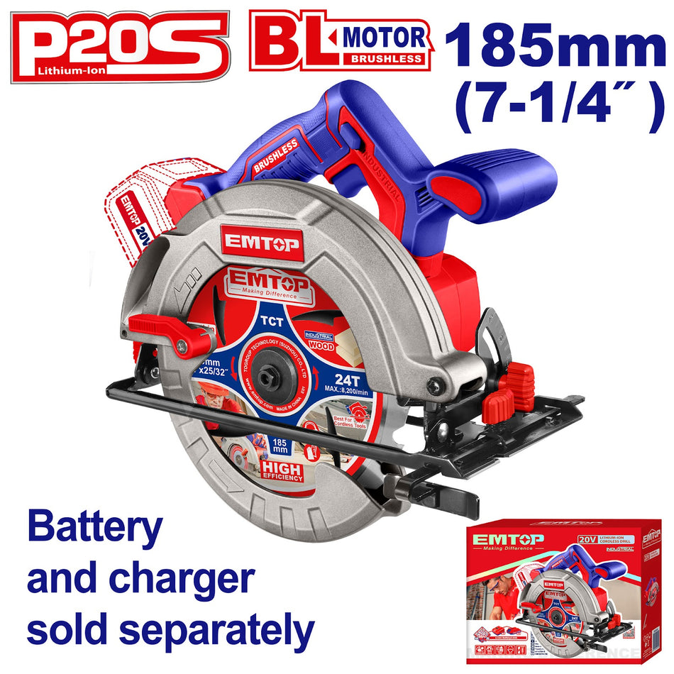 Cordless circular saw machine emtop elcs1851 7 1/4