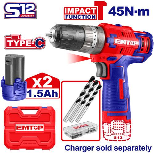 Cordless drill machine emtop ecidl12620 12v 45mn