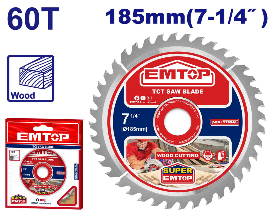 Tct circular saw blades emtop etct1185130 60tpi- 7 1/4