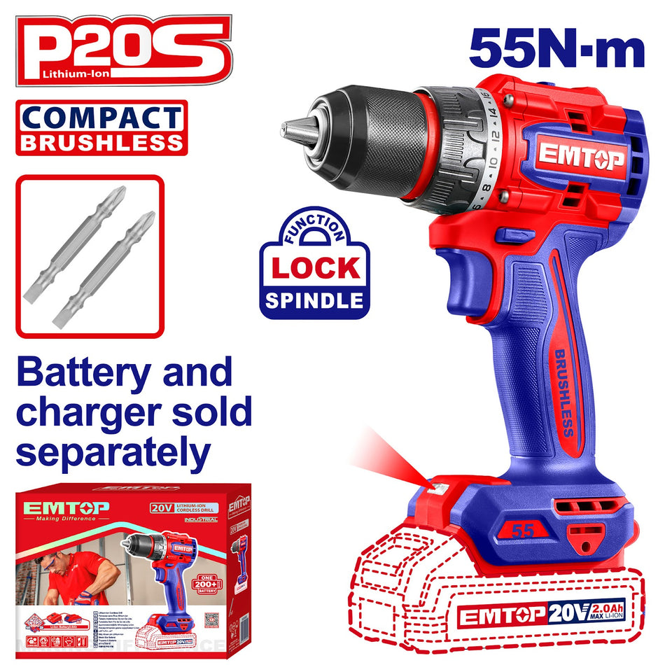 Compact brushless cordless drill machine emtop ecdl205581 13mm