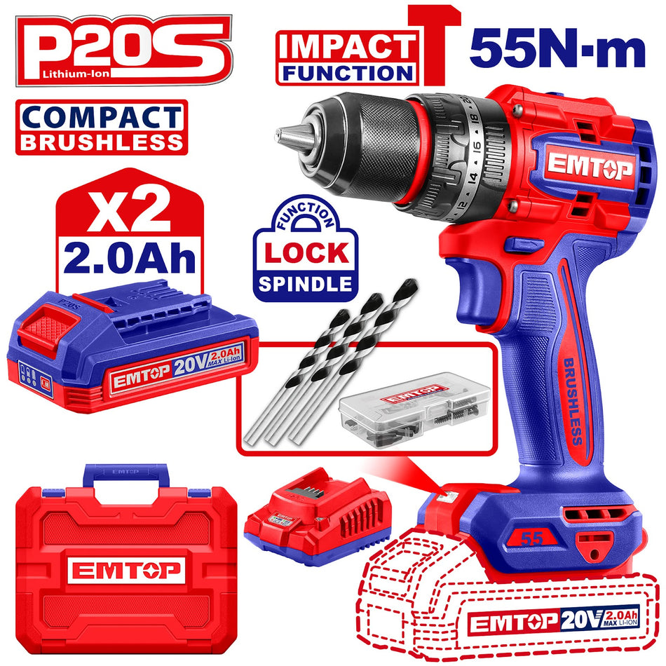 Compact brushless cordless impact drill emtop ecidl20558