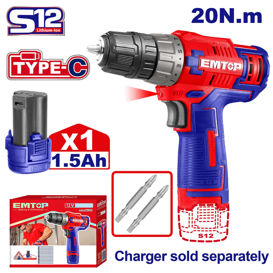 Cordless drill machine emtop ecdl12510 20v 20nm