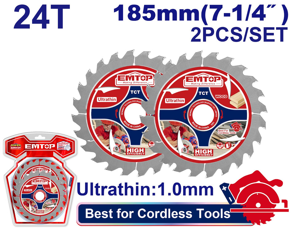 Ultra-thin tct circular saw blade emtop etct1853 24tpi 7 1/4