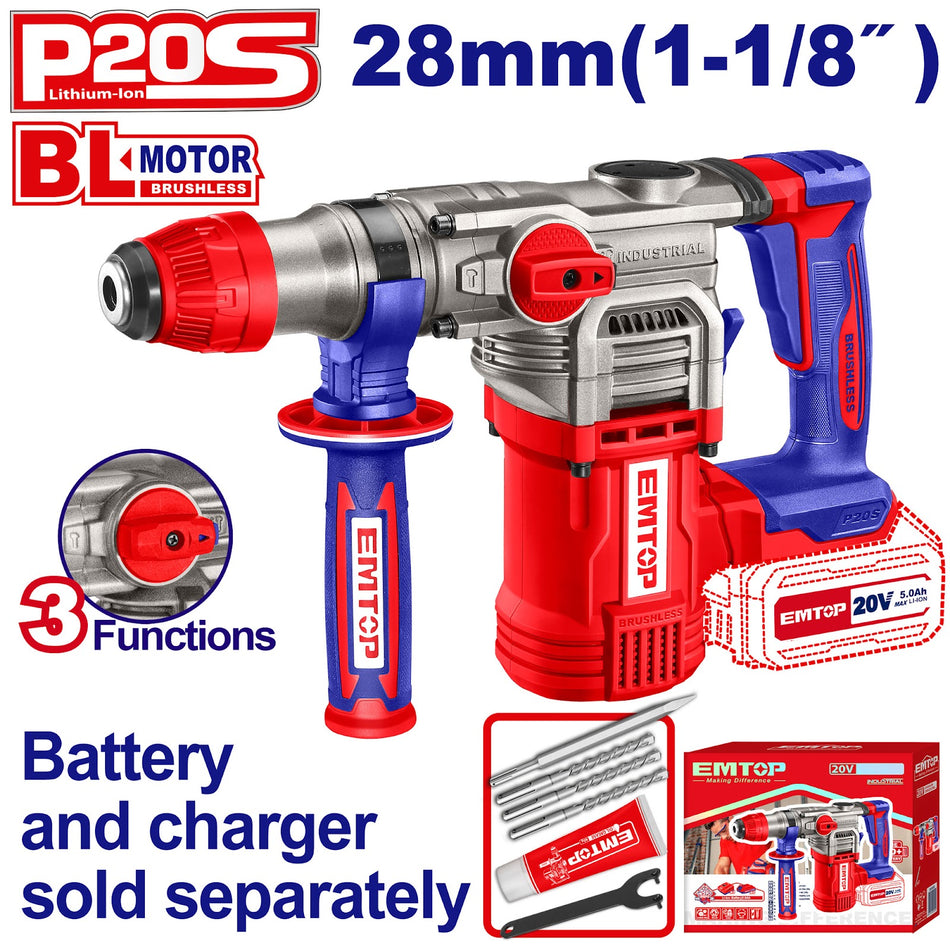 Cordless rotary hammer emtop elrh20288 28mm